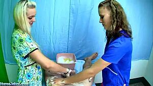 Naughty medical exam with a hand job and a sponge bath