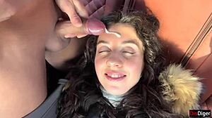 Public humiliation: skinny brunette gets messy with cumwalk