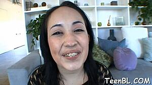 Beautiful teenage girl masturbates and gives blow job to a man who is much older than her