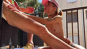 Skinny blonde gets messy with cum on balcony