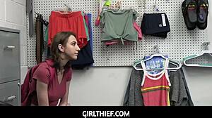 Teenie thief gets caught by the guard and shows off her tits