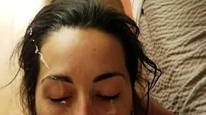 Nerdy girlfriend gets a massive facial from her amateur lover