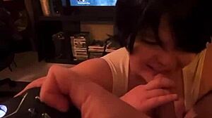Comic-themed deepthroat and handjob action
