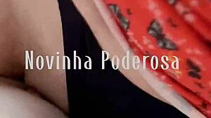 A petite Caucasian woman pleasuring herself by masturbating on top of a penis, emitting audible moans. Her small breasts bounce as she moves her body in a homemade Portuguese video.